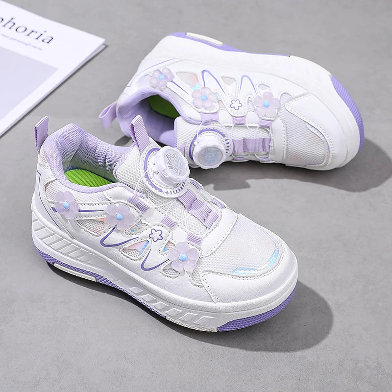 HeelysChildren petite fleur décorée quatre roues patins chaussures de sport respirant patins à roulettes filles chaussures cadeaux de vacances