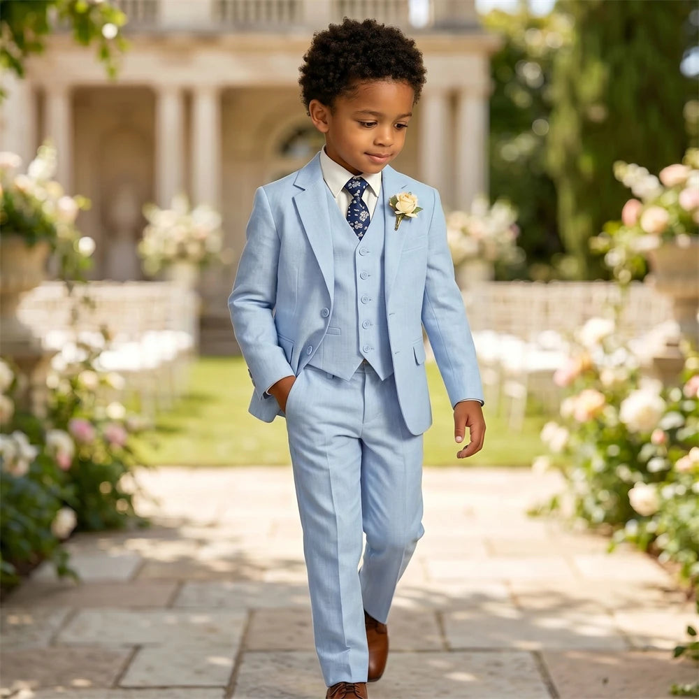 Costume en lin pour garçon, smoking 4 pièces coupe classique pour enfants, veste, gilet, pantalon, cravate, pour communion, performance au piano, ou rôle de porteur d'alliances