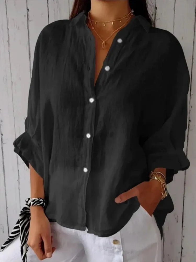 Chemise en lin de coton pour femmes, chemisier à lacets, nœud au dos élégant, monochromatique, décontracté, demi-manche à revers, printemps, été, nouveau