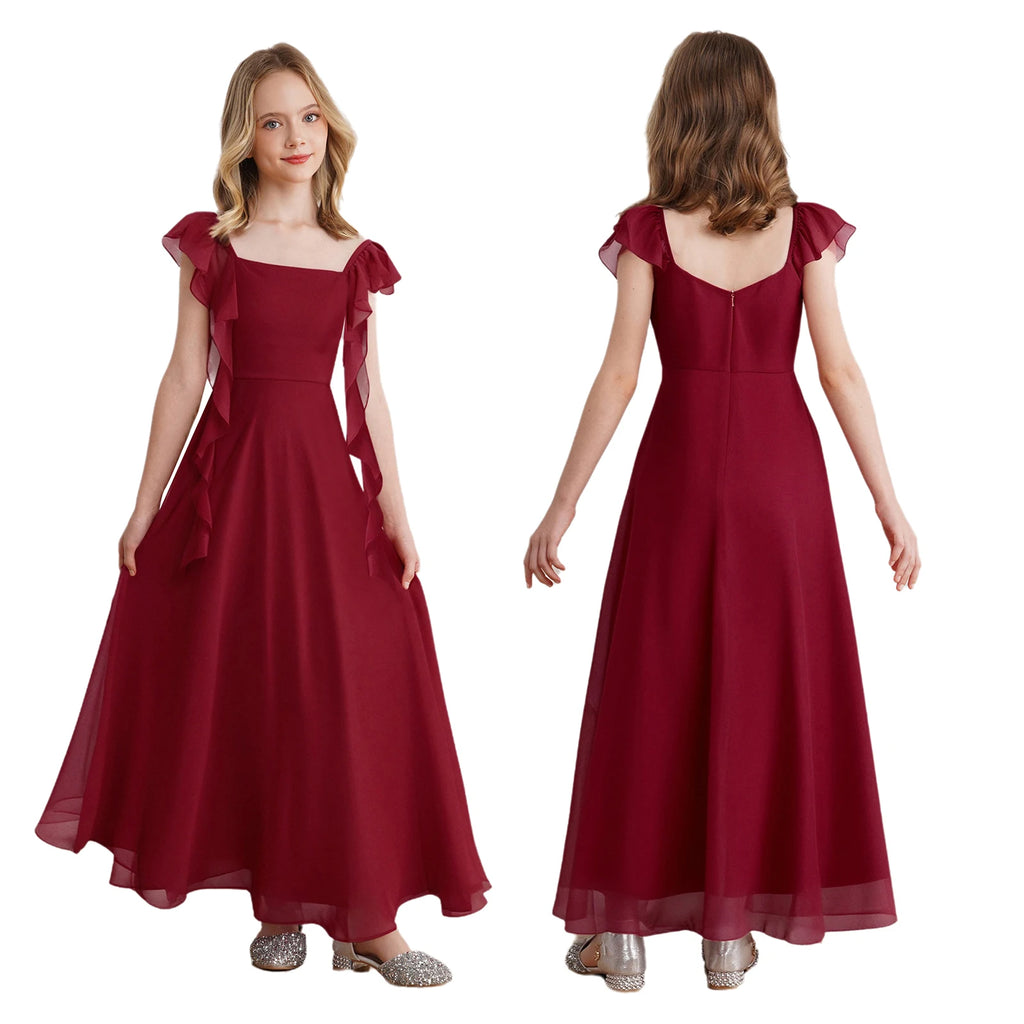 Robes de demoiselle d'honneur junior pour adolescentes, robe à fleurs, bretelles à volants, en mousseline de soie, robe d'été formelle pour fête de mariage, spectacle, Banquet
