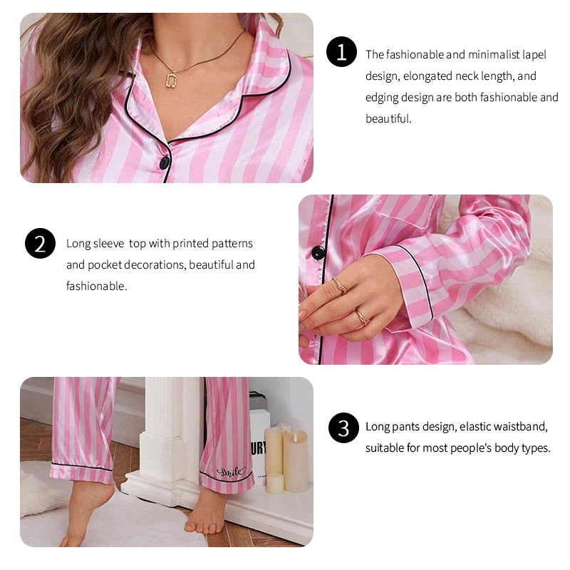 Pyjama en Satin imprimé à rayures pour femmes, Victoria, manches longues, boutons, hauts et pantalons à revers, vêtements de nuit confortables, coupe décontractée, automne