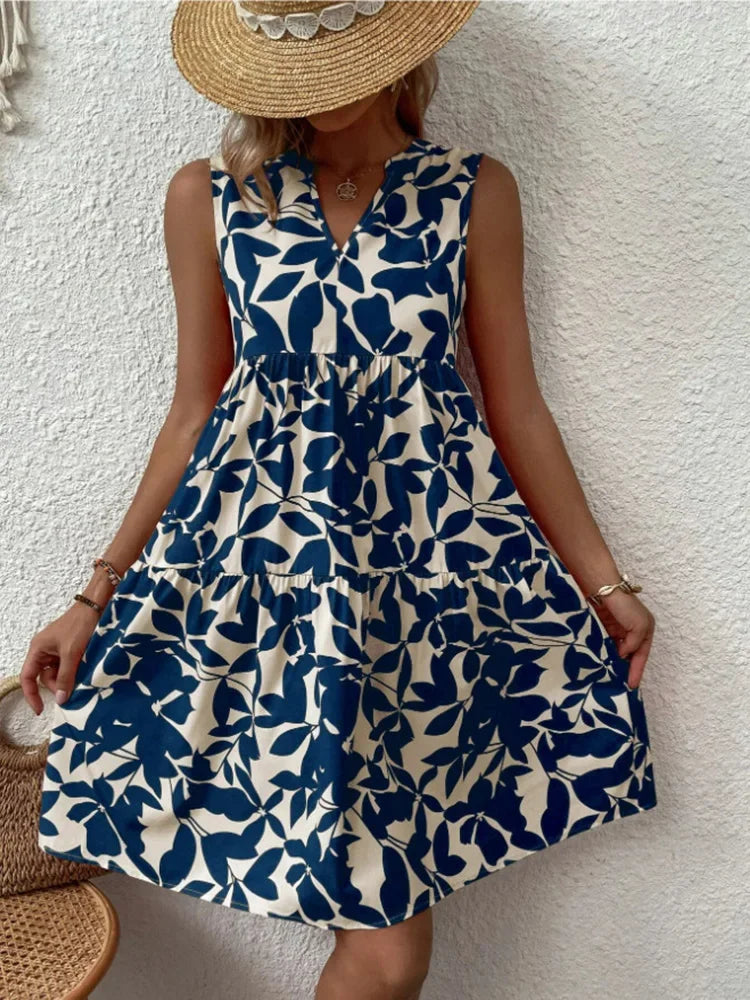 Femmes Boho imprimé Mini robe été élégant sans manches col en V à volants une ligne débardeur décontracté ample surdimensionné plage fête robe d'été