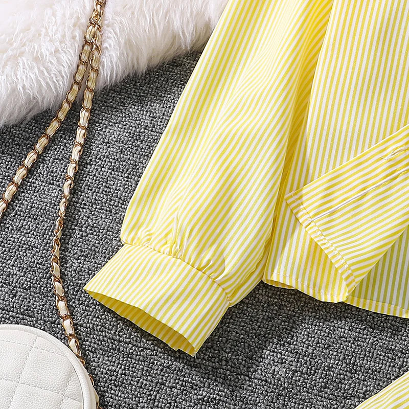 Haut à manches longues rayé jaune pour enfants, pantalon rayé jaune imbibé, étiquettes simples classiques, printemps et automne, filles de 4 à 12 ans