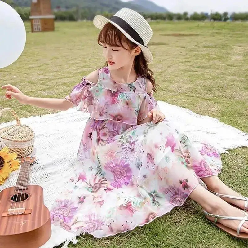 Robe d'été fine pour fille, robe de princesse florale en mousseline, vêtements d'été décontractés pour enfants, robes pour filles, Vestidos