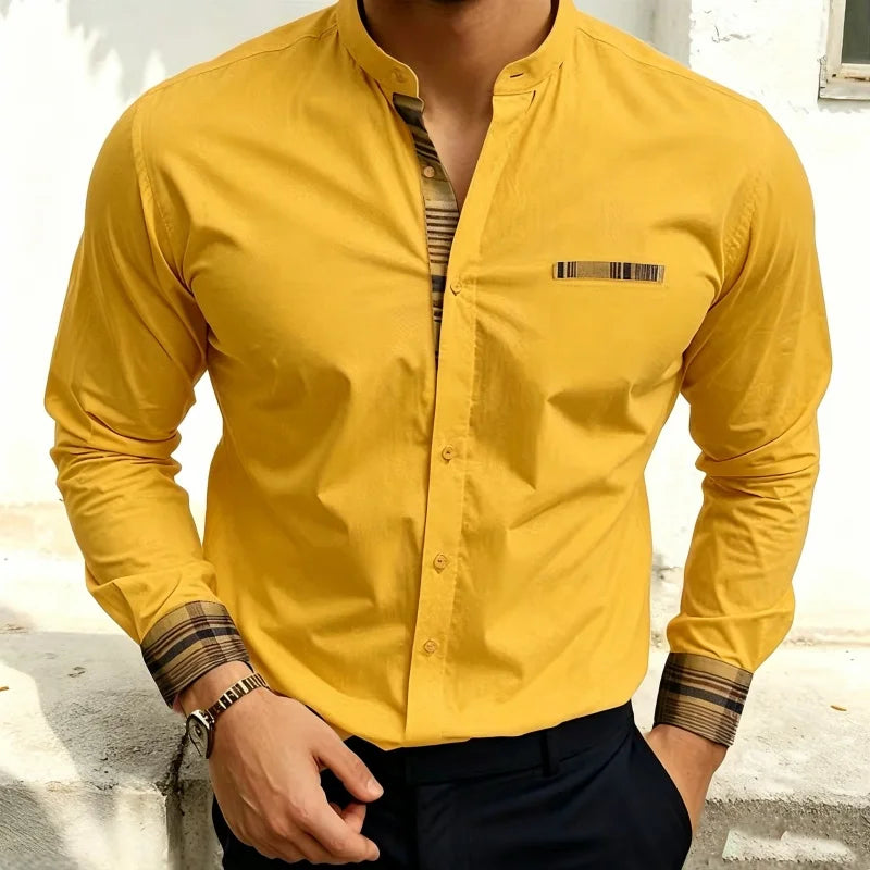 Chemise blanche à col montant pour homme, nouvelle collection, avec coutures à carreaux rétro, texture légère et luxueuse, haut à manches longues style business casual, tailles XS-6XL