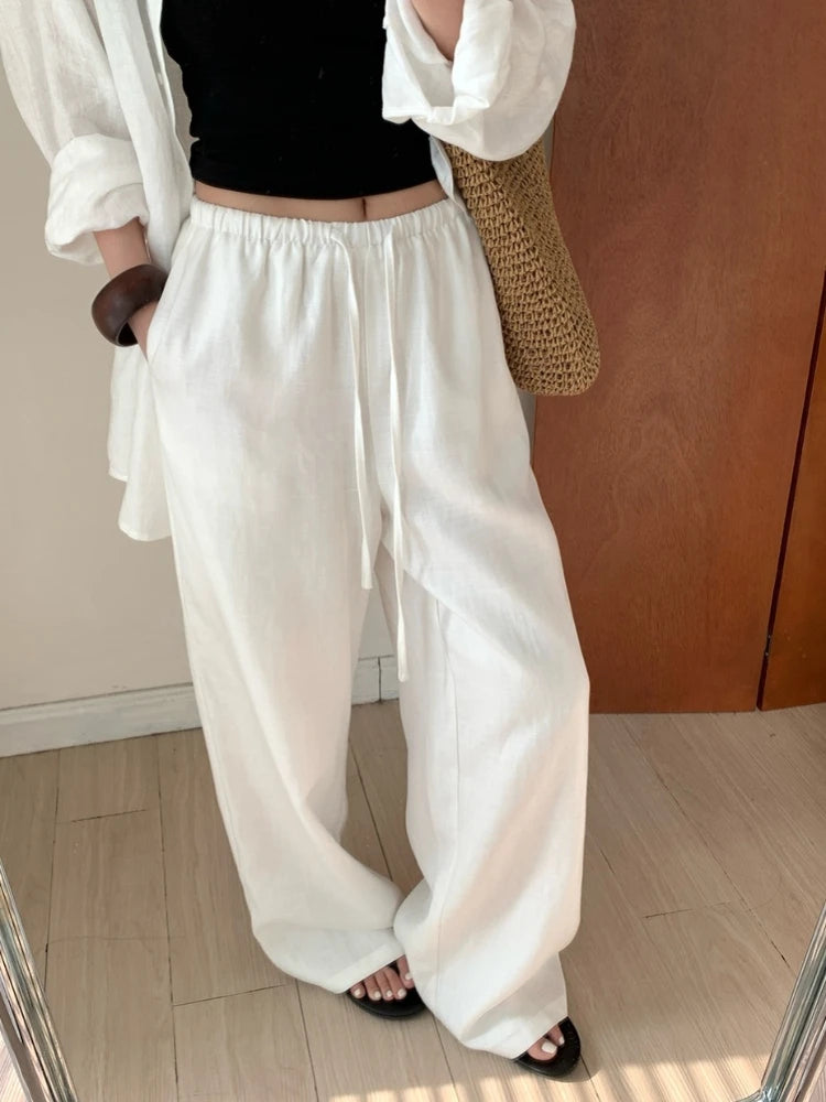 Pantalon large en lin décontracté, coupe droite, blanc, avec cordon de serrage, style coréen, été 2026