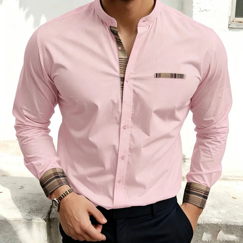 Chemise blanche à col montant pour homme, nouvelle collection, avec coutures à carreaux rétro, texture légère et luxueuse, haut à manches longues style business casual, tailles XS-6XL