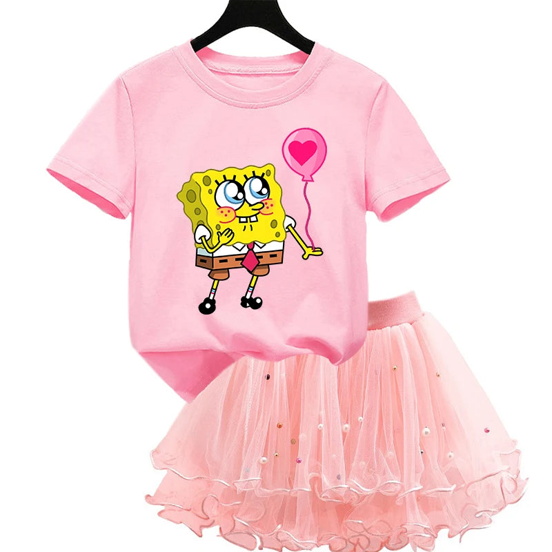 Robe Bob l'éponge pour filles, vêtements d'anniversaire pour enfants, robe de princesse de fête, T-shirt + jupe Tutu, cadeau de soirée d'été, 2 pièces/ensemble