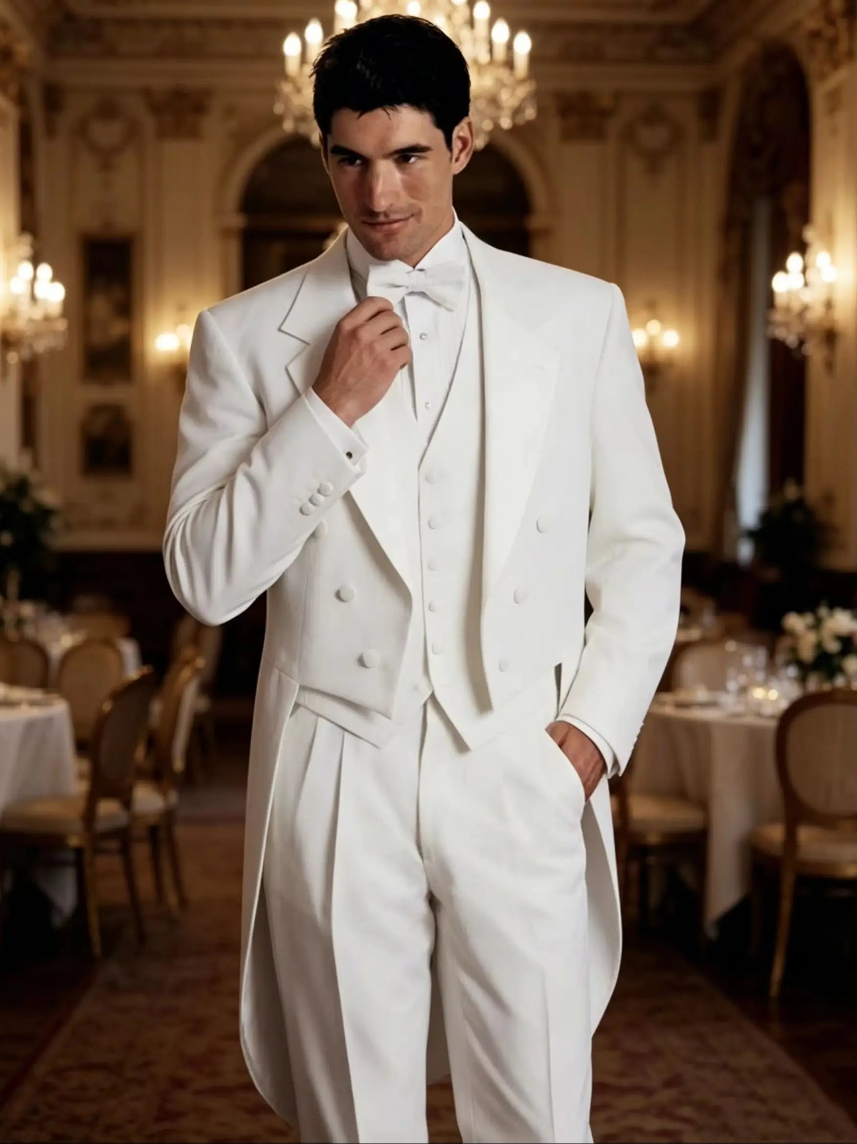 Costume de smoking blanc pour homme avec veste queue de pie et pantalon pour mariage, fête, danse, spectacle de magie