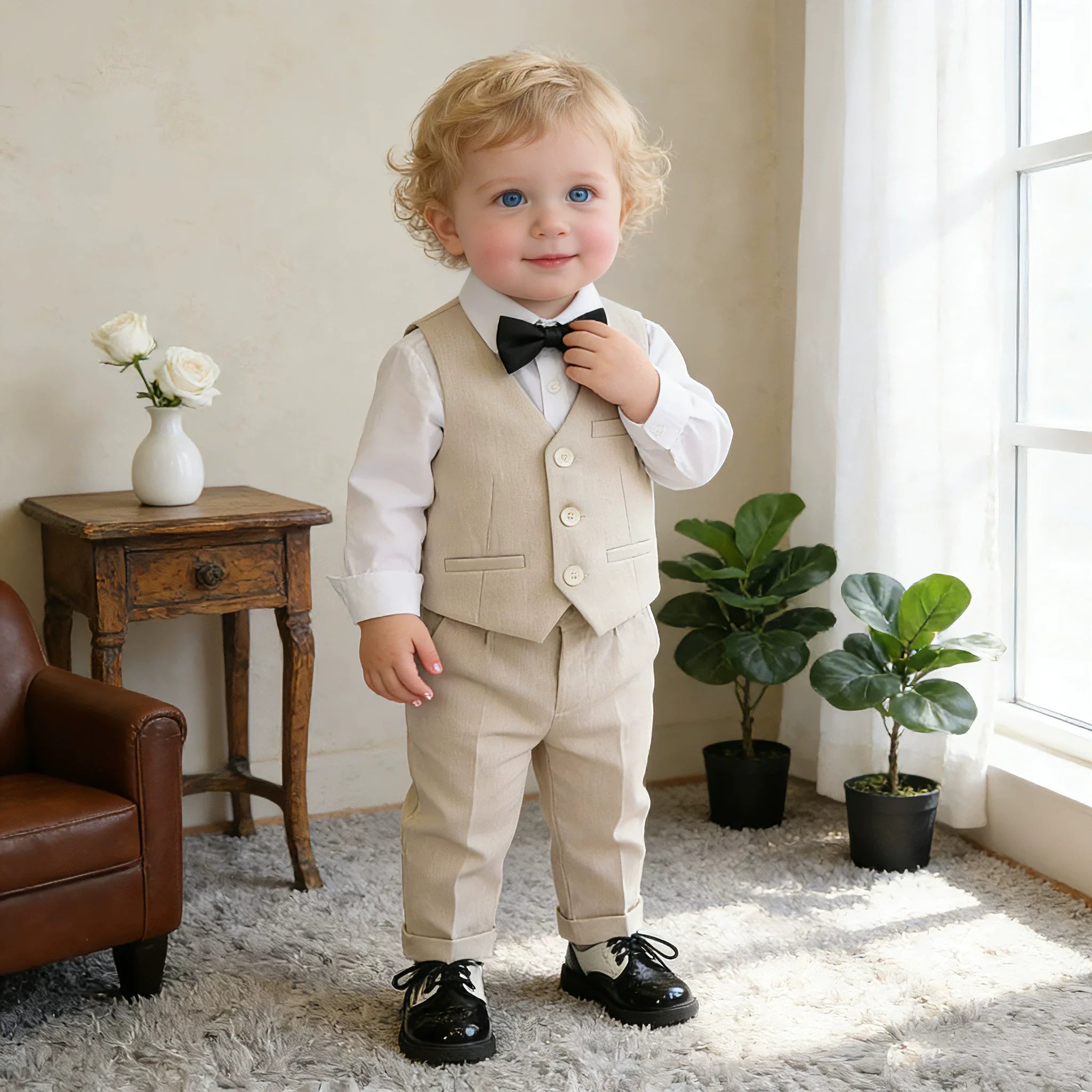 Costume de photographie pour garçons de 1 an, style britannique, beige, pour mariage, spectacle ou cérémonie, pour enfants