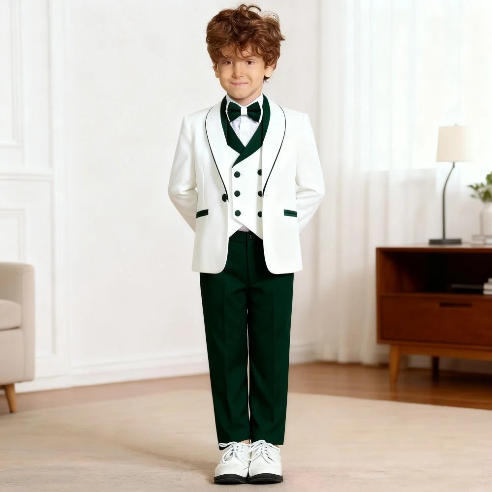 Vente chaude rouge blanc contraste garçons costume formel ensemble 3-14 ans 2026 4 pièces enfants mariage smoking Blazer gilet pantalon nœud papillon