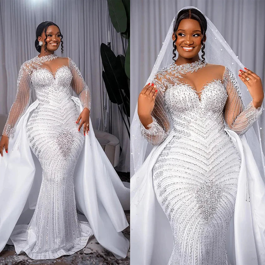Robe de mariée sirène exquise brodée de dentelle perlée personnalisée avec jupe détachable, nouvelle collection 2026, robes de mariée 2-en-1 W1539