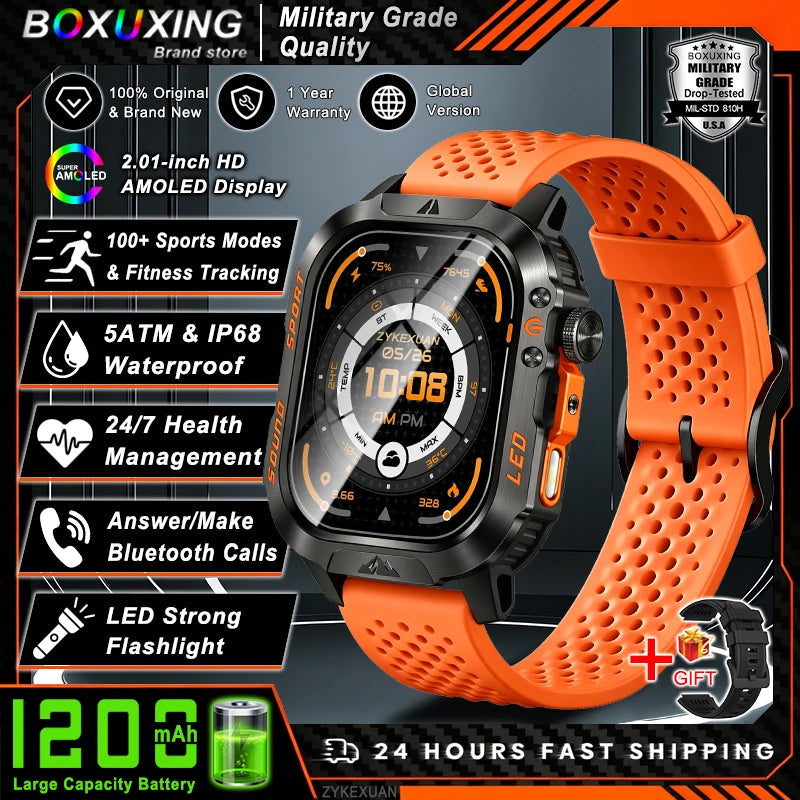 Nouvelle montre connectée militaire 2026 pour hommes, batterie 1200 mAh, étanche 5ATM, suivi d'activité, santé, fréquence cardiaque, compatible iOS et Android