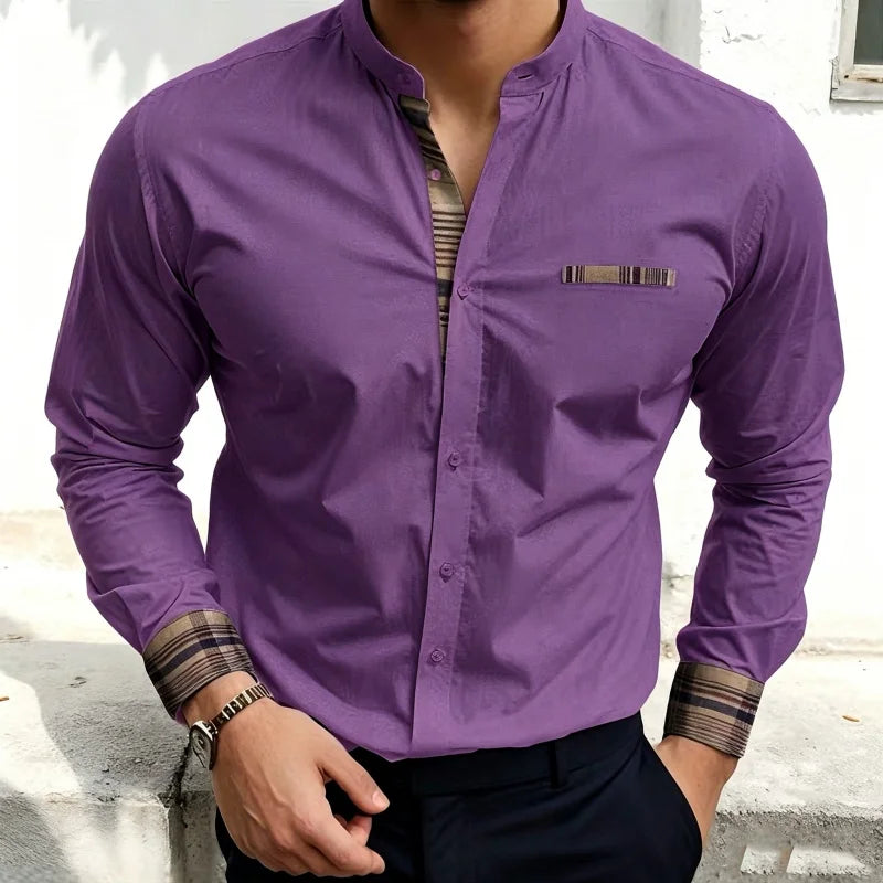 Chemise blanche à col montant pour homme, nouvelle collection, avec coutures à carreaux rétro, texture légère et luxueuse, haut à manches longues style business casual, tailles XS-6XL