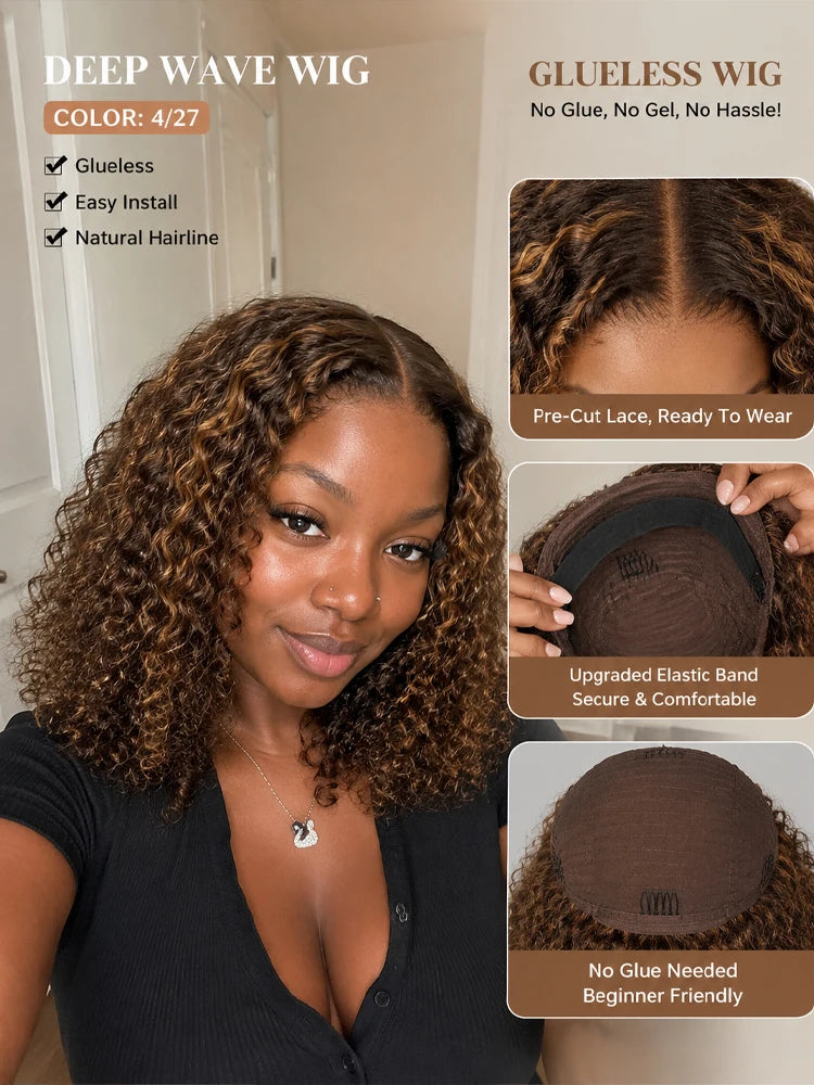 Perruque Courte Bouclée Bob 427 Cheveux Humains Ondulés Profonds Densité 260 avec Fermeture en Dentelle HD 5x5 pour Femmes Noires Prête à Porter Sans Colle