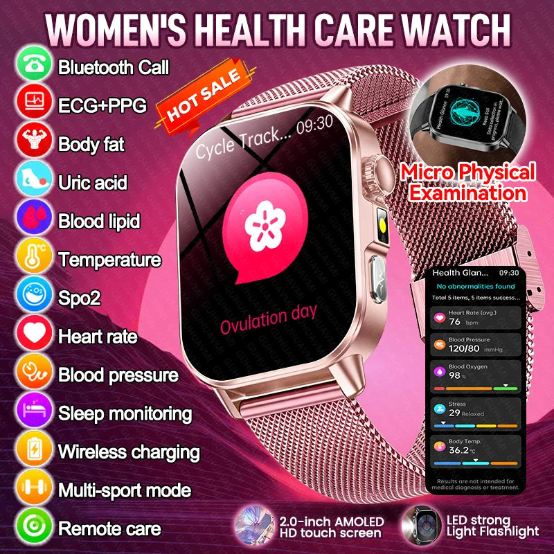 Montre connectée intelligente 2026 pour la santé des femmes, diagnostic précis, ECG+HRV, tension artérielle, oxygène sanguin, acide urique, fréquence cardiaque, appels Bluetooth