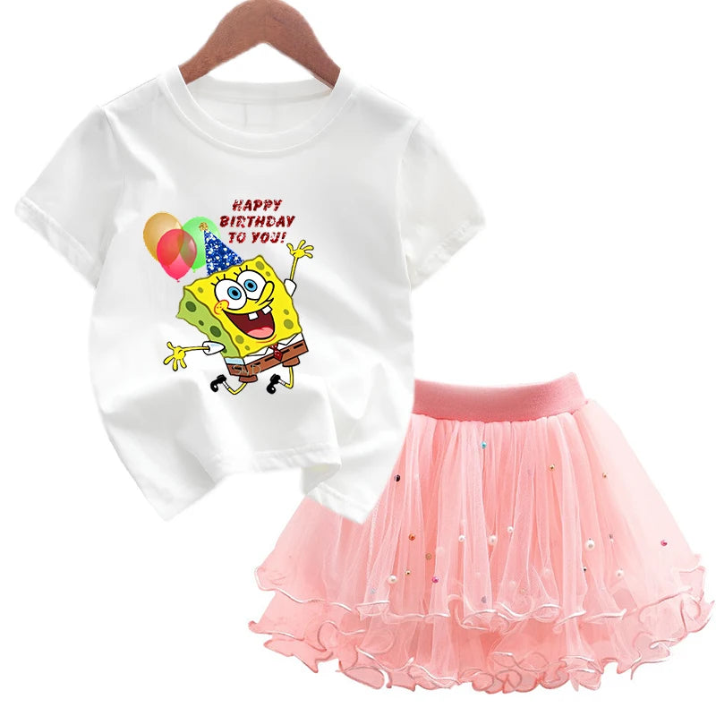 Robe Bob l'éponge pour filles, vêtements d'anniversaire pour enfants, robe de princesse de fête, T-shirt + jupe Tutu, cadeau de soirée d'été, 2 pièces/ensemble