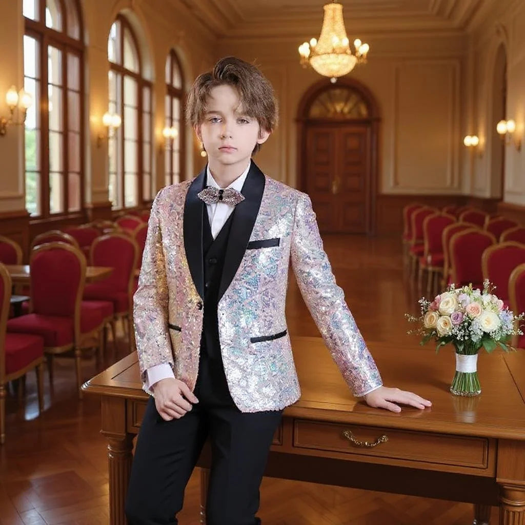 Ensemble de costume à paillettes pour garçons, costume de smoking formel pour mariage, veste, gilet, pantalon, 3 pièces, beau costume à fleurs pour enfant, pour spectacle de piano