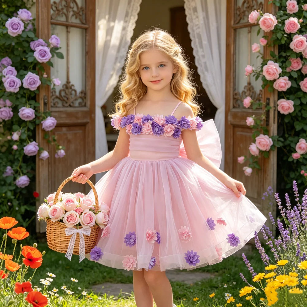 Robe de princesse en tulle fleuri pour filles, idéale pour les mariages et les demoiselles d'honneur