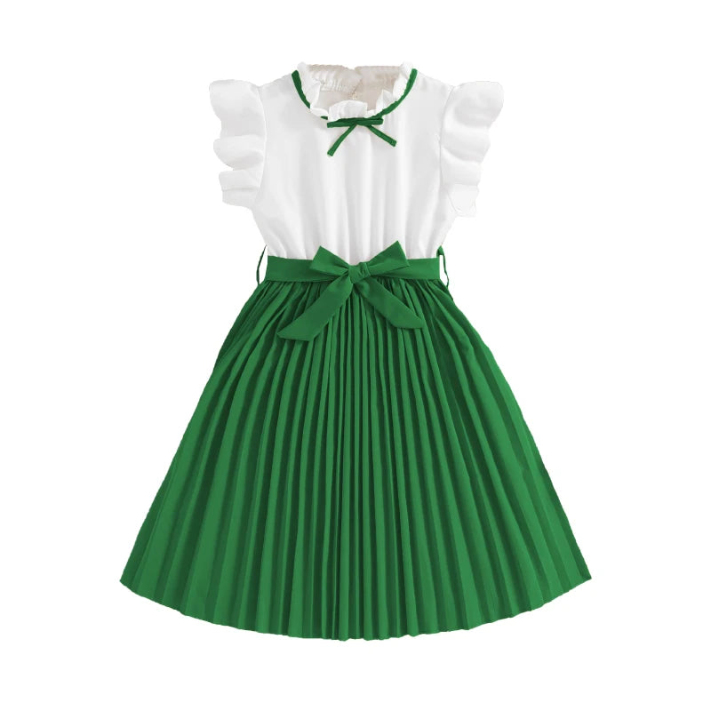 Robe pour filles, manches pétales blanches, jupe kaki plissée et nœud papillon, Style Preppy, vêtements de fête d'anniversaire élégants pour 8 à 12 ans