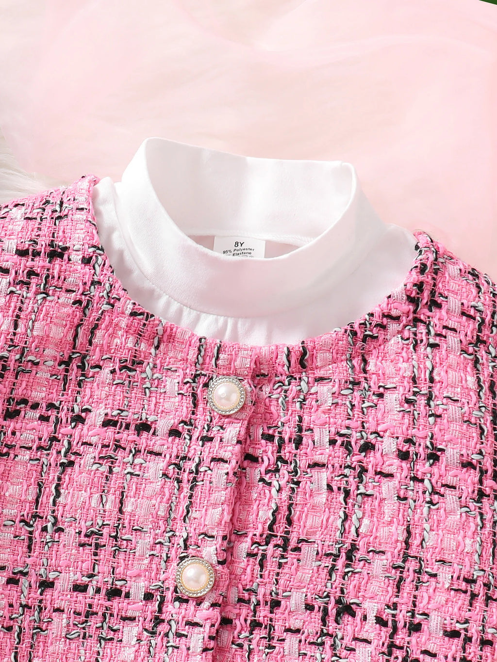 Robe mignonne à la mode pour filles, 3 ensembles de haut à carreaux rose + jupe + chemise blanche à manches longues, nouvelle collection printemps et automne