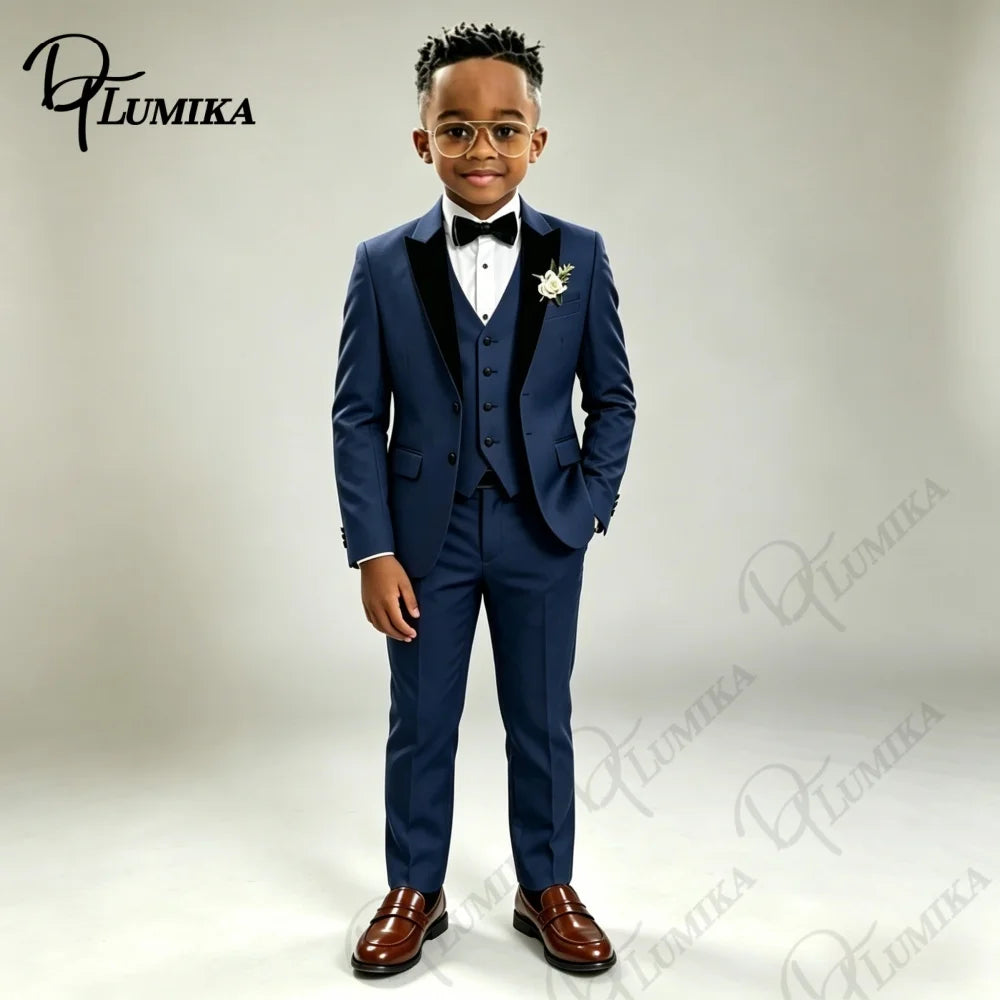Ensemble de costume formel bleu marine pour garçons avec cravate florale, blazer à revers pointus, gilet et pantalon pour mariage, porteur d'alliances, fête ou tenue de scène