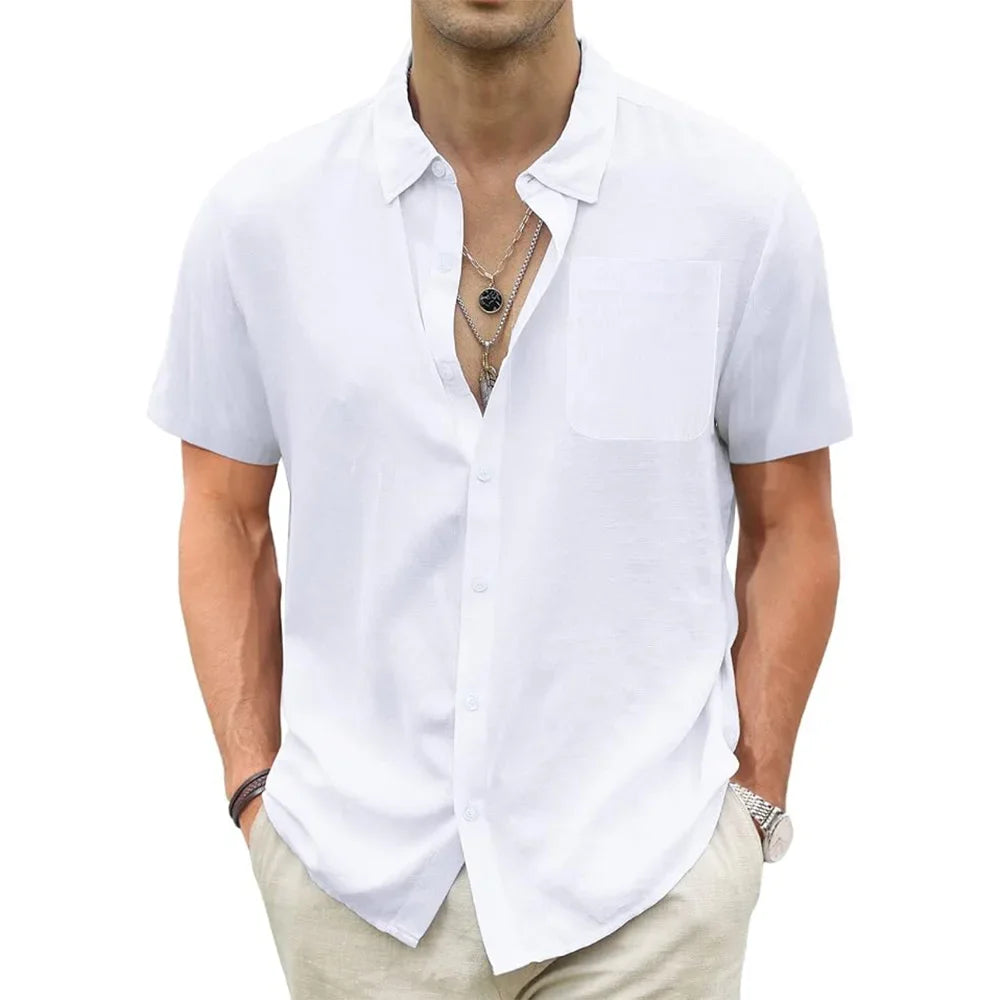 Chemises hawaïennes légères pour hommes, coton, lin, respirant, manches courtes, vacances, plage, décontracté, été, Y avec poche