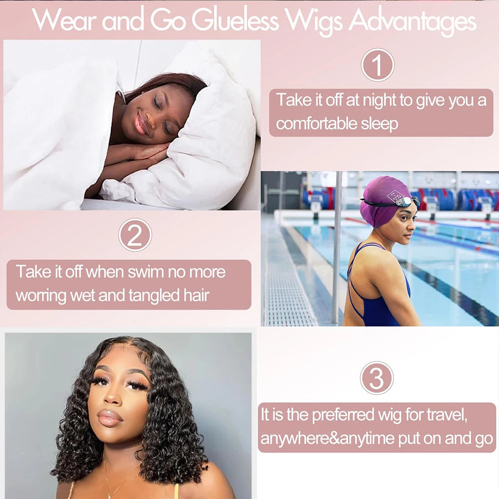Perruque Bob sans colle Vrbest Deep Wave Wear And Go pour femmes, prête à porter, en cheveux humains, avec fermeture en dentelle 4x4, 100% cheveux humains