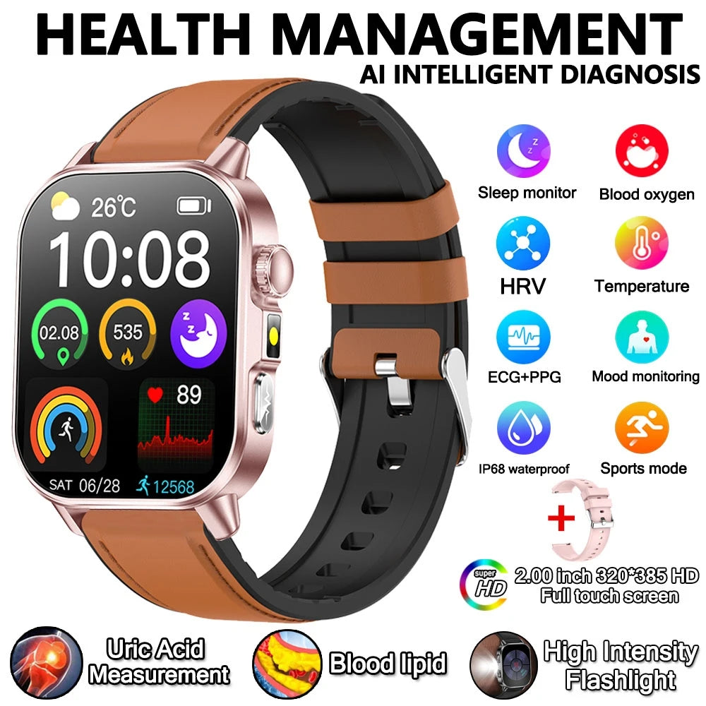 Montre connectée pour hommes et femmes, nouveau modèle d'analyse de la santé des acides uriques et des lipides, ECG + PPG, appel Bluetooth, lampe de poche 2026 pouces, 2.021