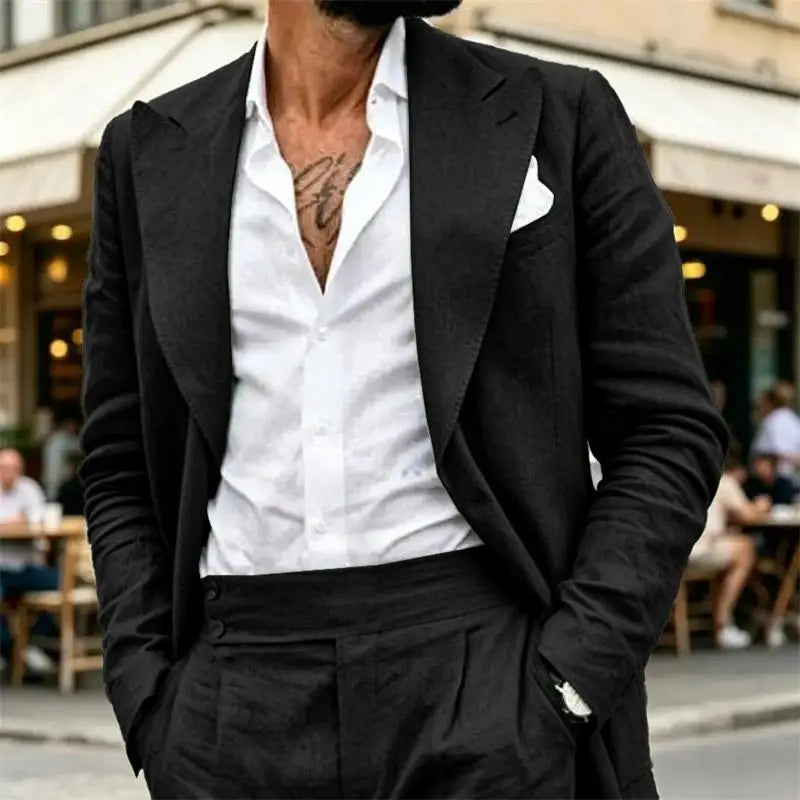 Ensemble de costume en lin 2 pièces pour homme – Coupe ajustée décontractée légère pour l'été – Blazer et pantalon pour la plage, mariage, bal de promo, soirée