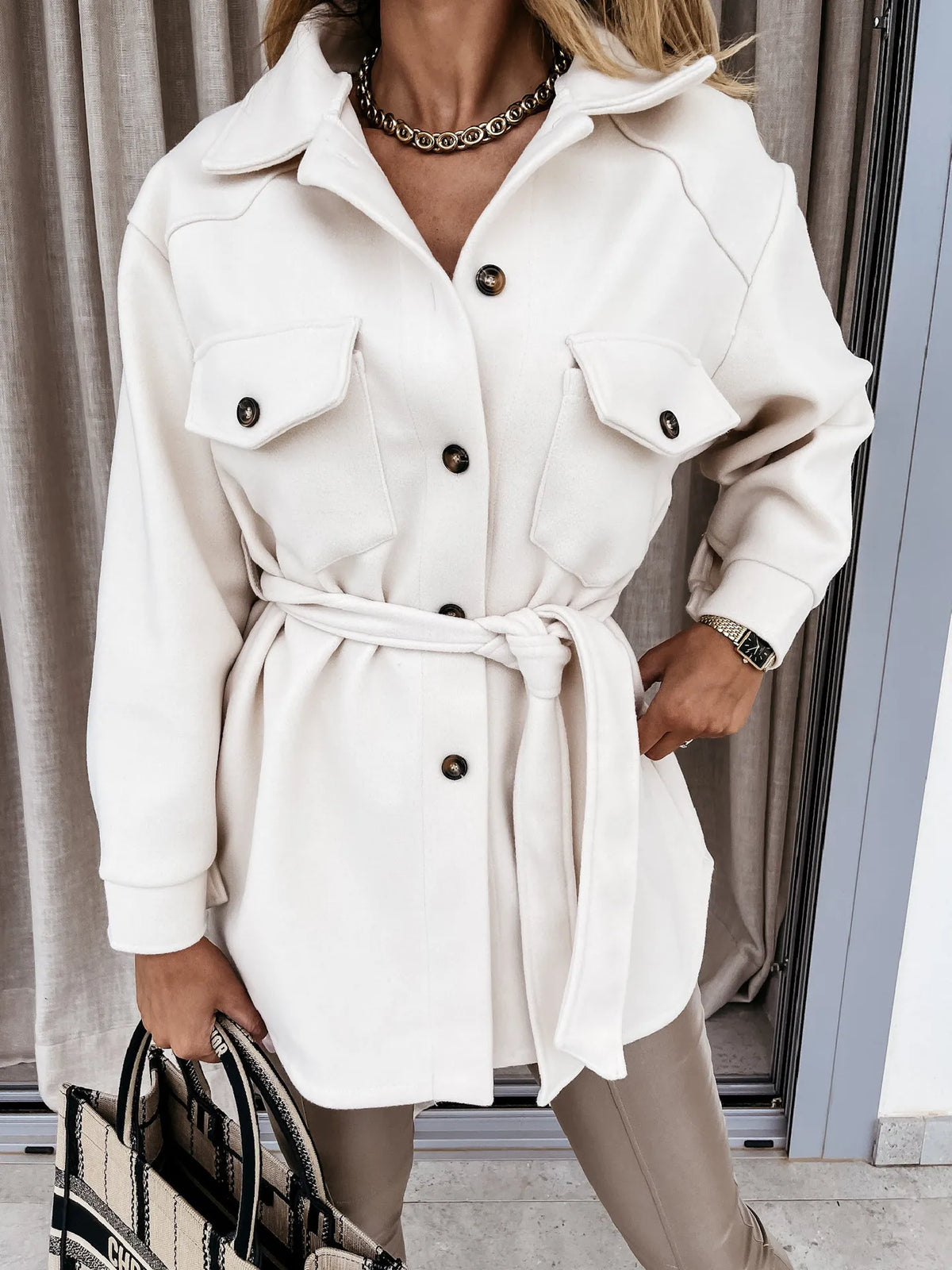 Manteau en laine mélangée pour femme, automne-hiver, col à revers, veste trench à simple boutonnage avec ceinture, coupe ample et chaude.