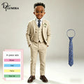 Costume élégant en lin beige pour garçons, ensemble 3 pièces avec cravate florale bleue, smoking formel haut de gamme pour mariage, porteur d'alliances, occasions spéciales d'été