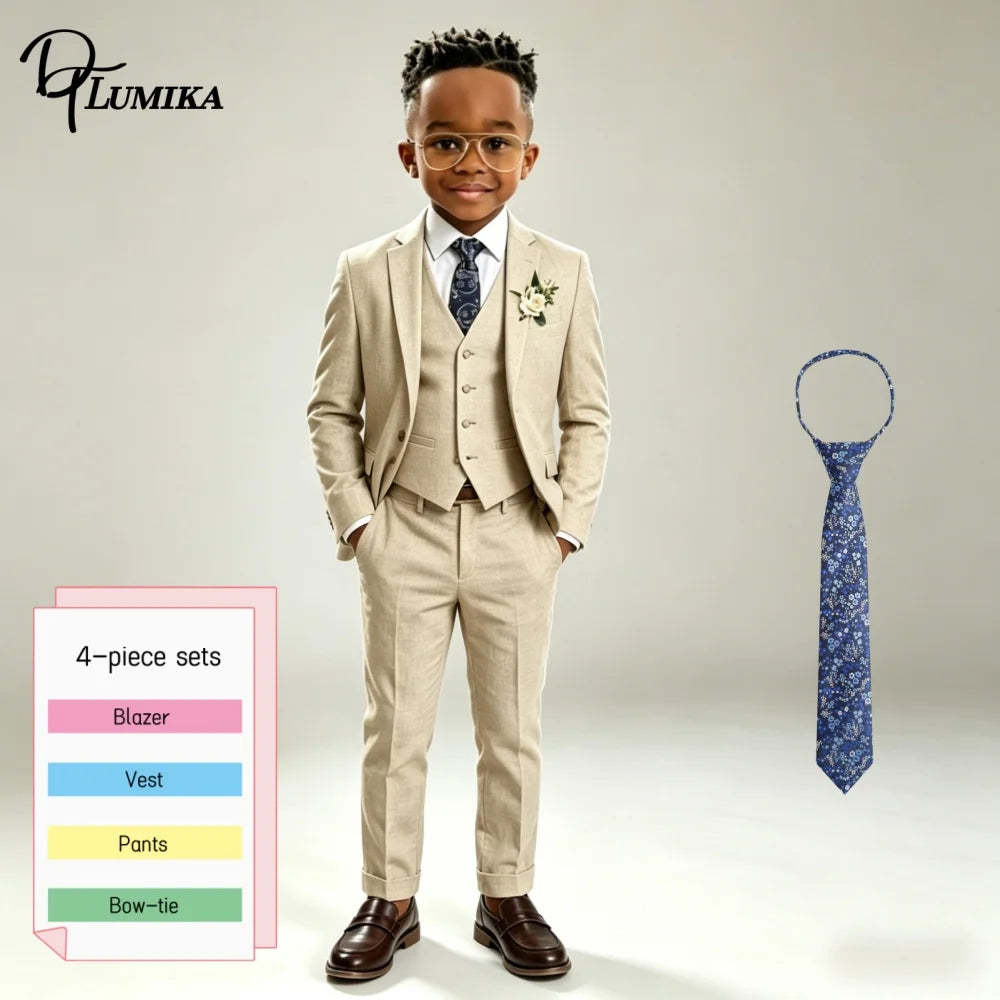 Costume élégant en lin beige pour garçons, ensemble 3 pièces avec cravate florale bleue, smoking formel haut de gamme pour mariage, porteur d'alliances, occasions spéciales d'été