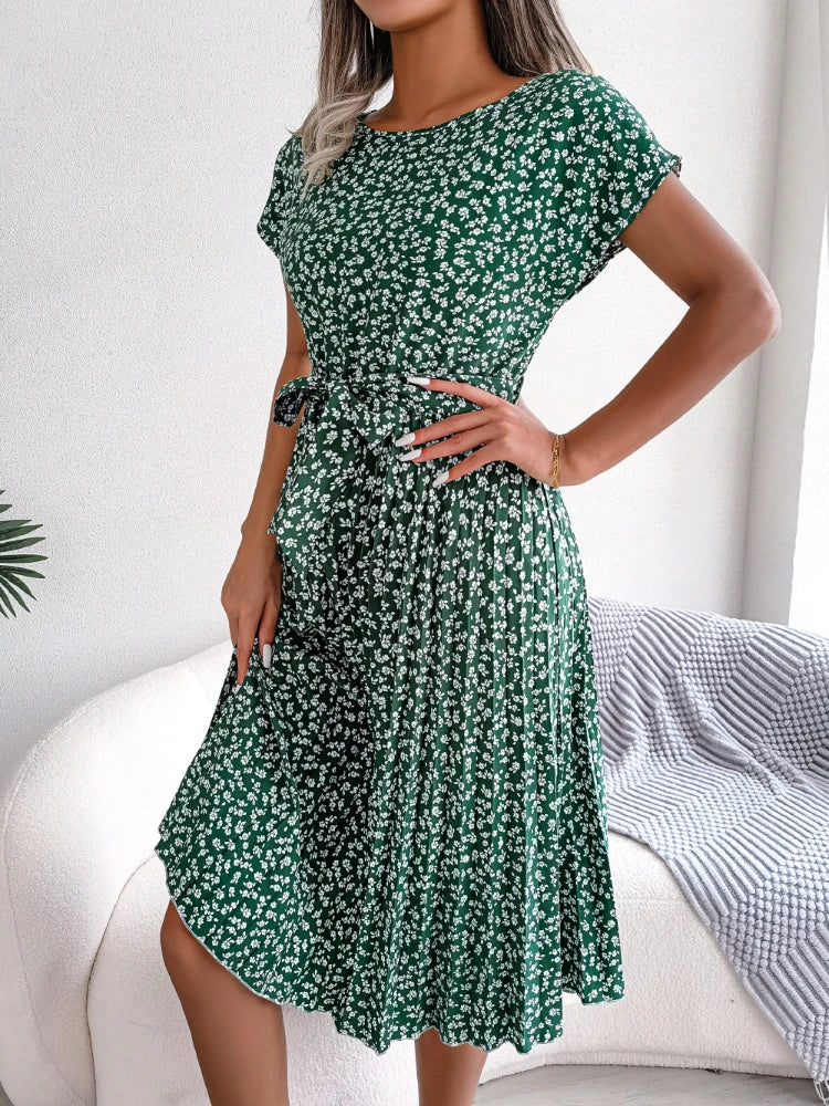 Gaun Berlipat Floral Wanita Midi Perban, Ruched Lengan, Pendek Leher-o Kasual Musim, Boho Chic A Line Pantai Wanita