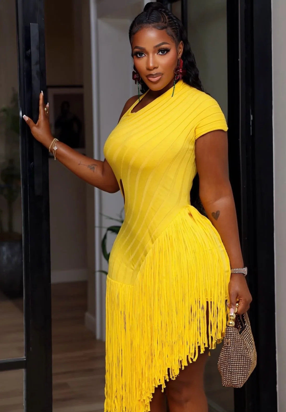 Robe Midi Asymétrique à Franges pour Femme Élégante, Été 2026, en Maille Côtelée Unie avec Découpes, Coupe Moulante, pour Soirée et Club