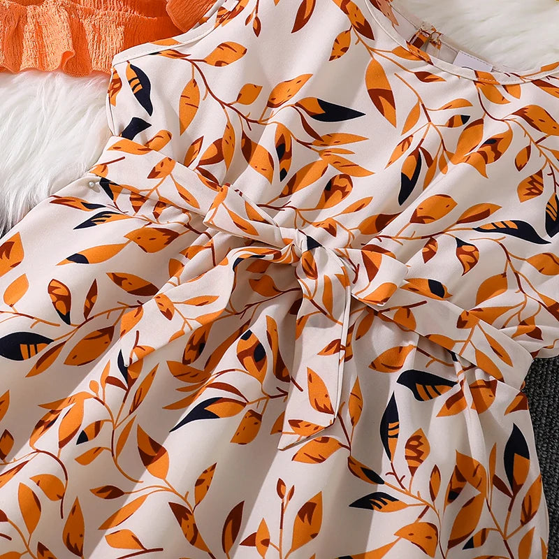 Costumes de vacances décontractés pour enfants, haut orange à manches longues, robe imprimée, vêtements de vacances pour filles, tenues pour enfants