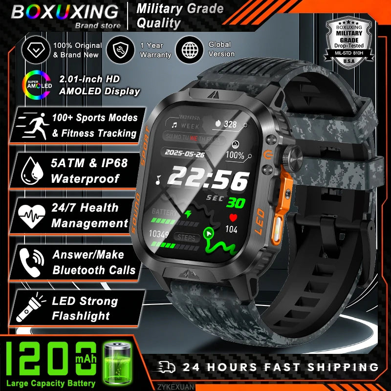 Nouvelle montre connectée militaire 2026 pour hommes, batterie 1200 mAh, étanche 5ATM, suivi d'activité, santé, fréquence cardiaque, compatible iOS et Android
