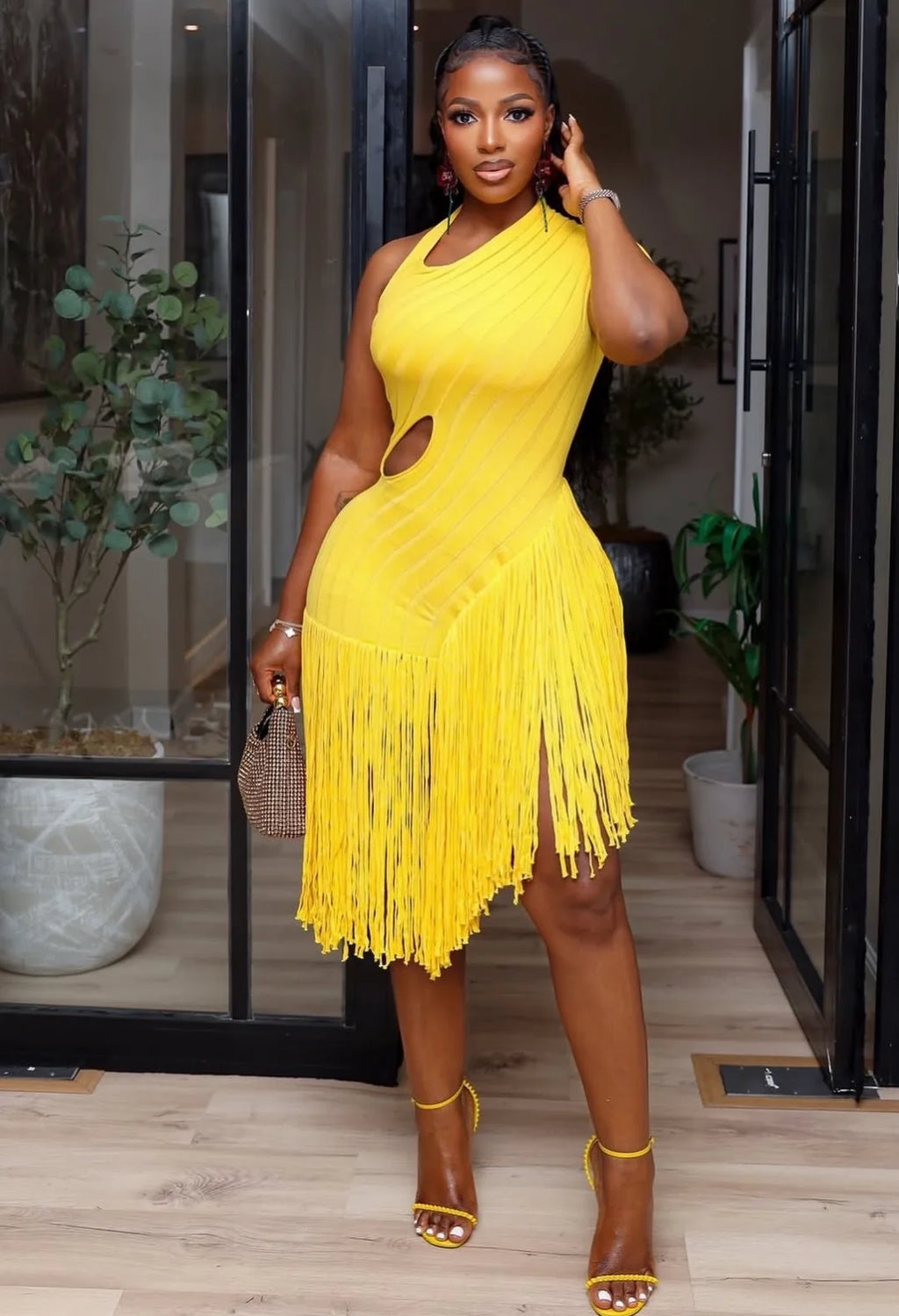 Robe Midi Asymétrique à Franges pour Femme Élégante, Été 2026, en Maille Côtelée Unie avec Découpes, Coupe Moulante, pour Soirée et Club