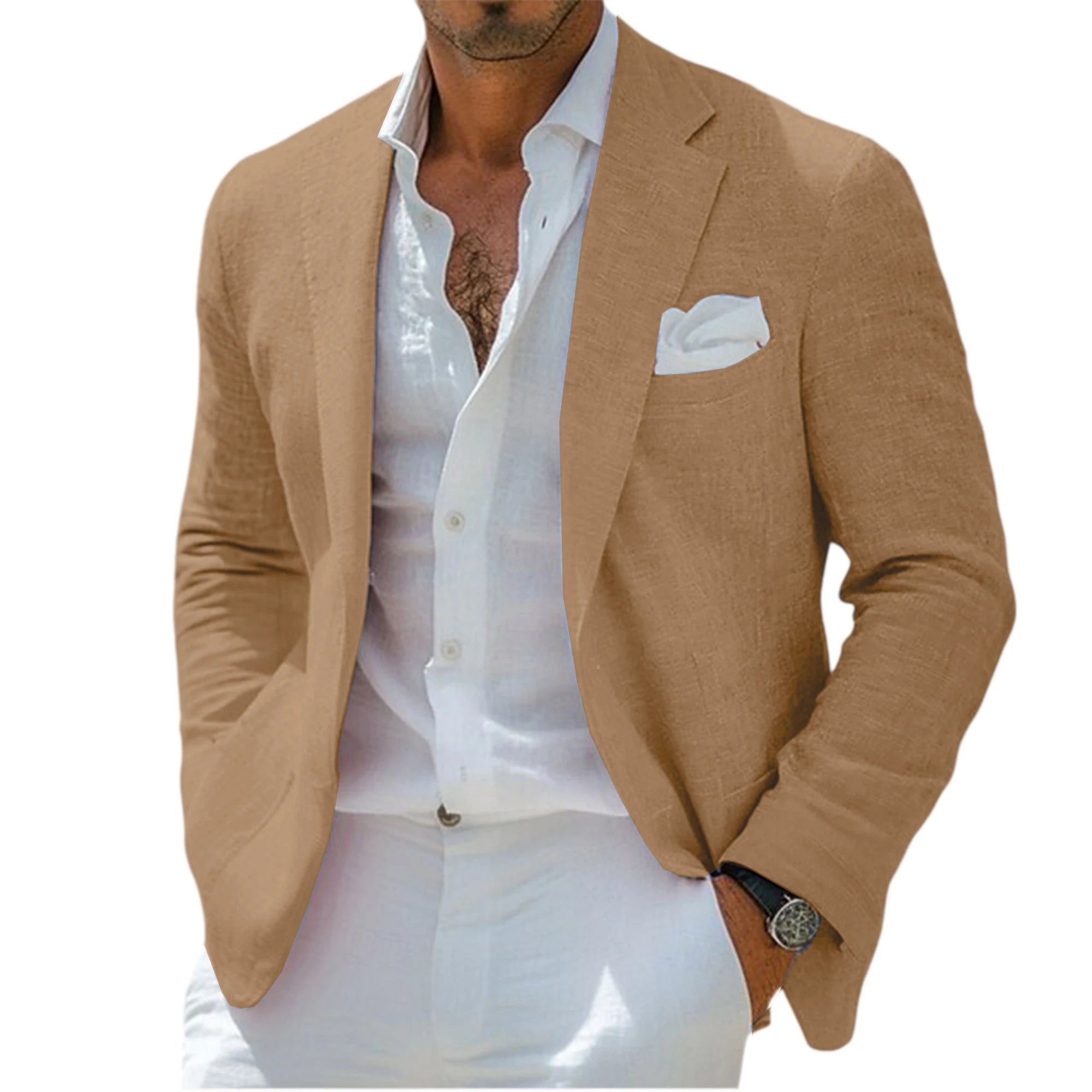 Blazer en lin pour homme, revers cranté, 2 boutons, coupe ajustée, veste de costume légère et respirante, idéale pour l'été, la plage, les mariages, le sport ou le quotidien