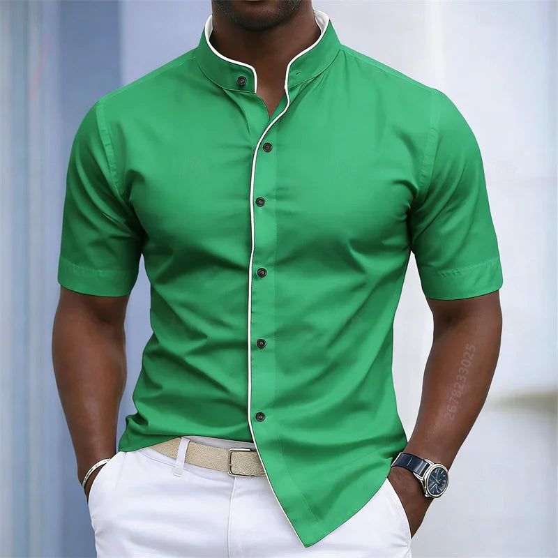 Chemise d'été pour homme à col montant et manches courtes, 20 couleurs, design color block tendance, coupe ajustée, chemise décontractée pour affaires, tailles XS-6XL