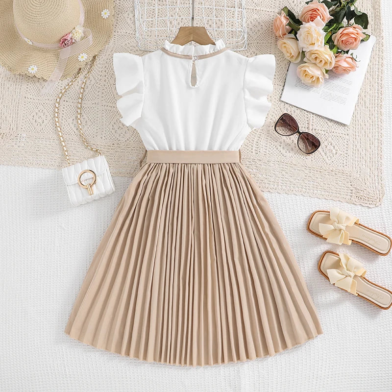 Robe pour filles, manches pétales blanches, jupe kaki plissée et nœud papillon, Style Preppy, vêtements de fête d'anniversaire élégants pour 8 à 12 ans