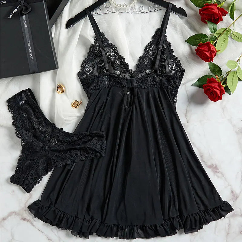 Ensemble de lingerie féminine S-2XL en dentelle, comprenant une nuisette à bretelles spaghetti et col en V, des culottes transparentes et un kit de pyjama intime