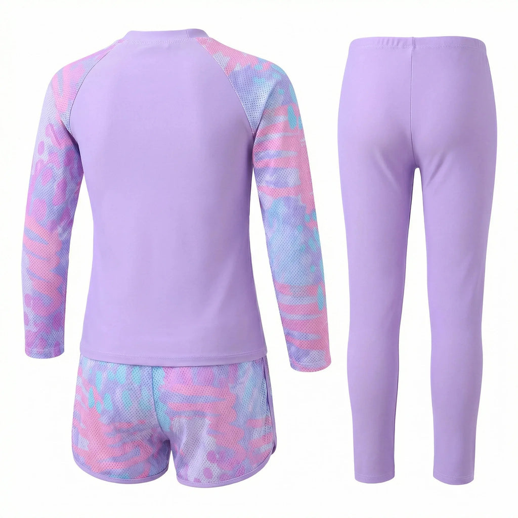 Ensemble de maillot de bain trois pièces pour enfants, ensemble de maillot de bain violet, manches longues et pantalon long