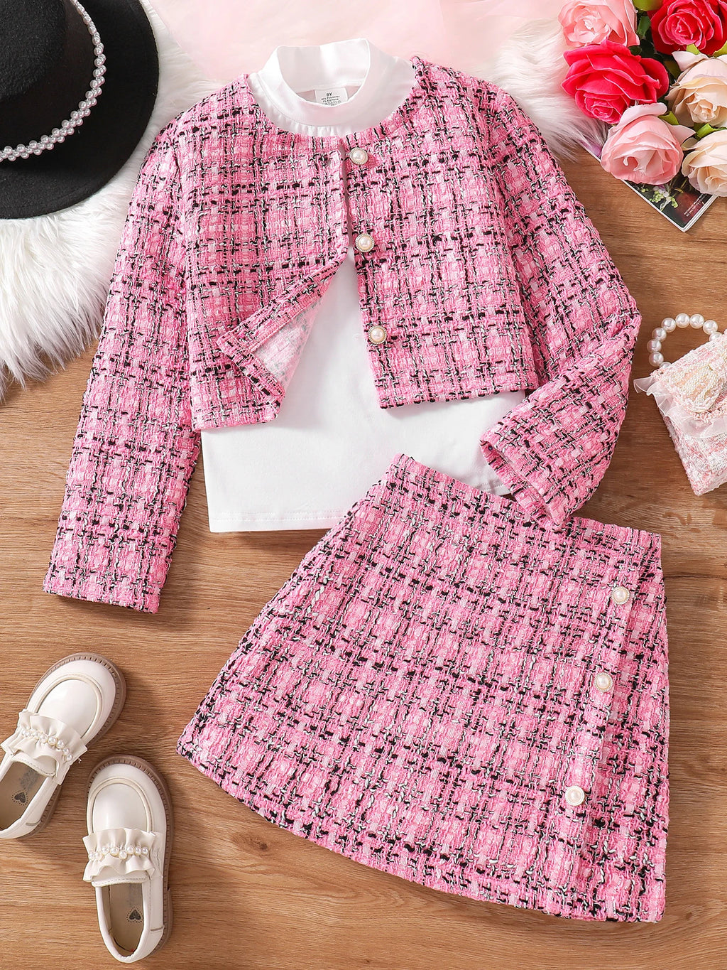 Robe mignonne à la mode pour filles, 3 ensembles de haut à carreaux rose + jupe + chemise blanche à manches longues, nouvelle collection printemps et automne