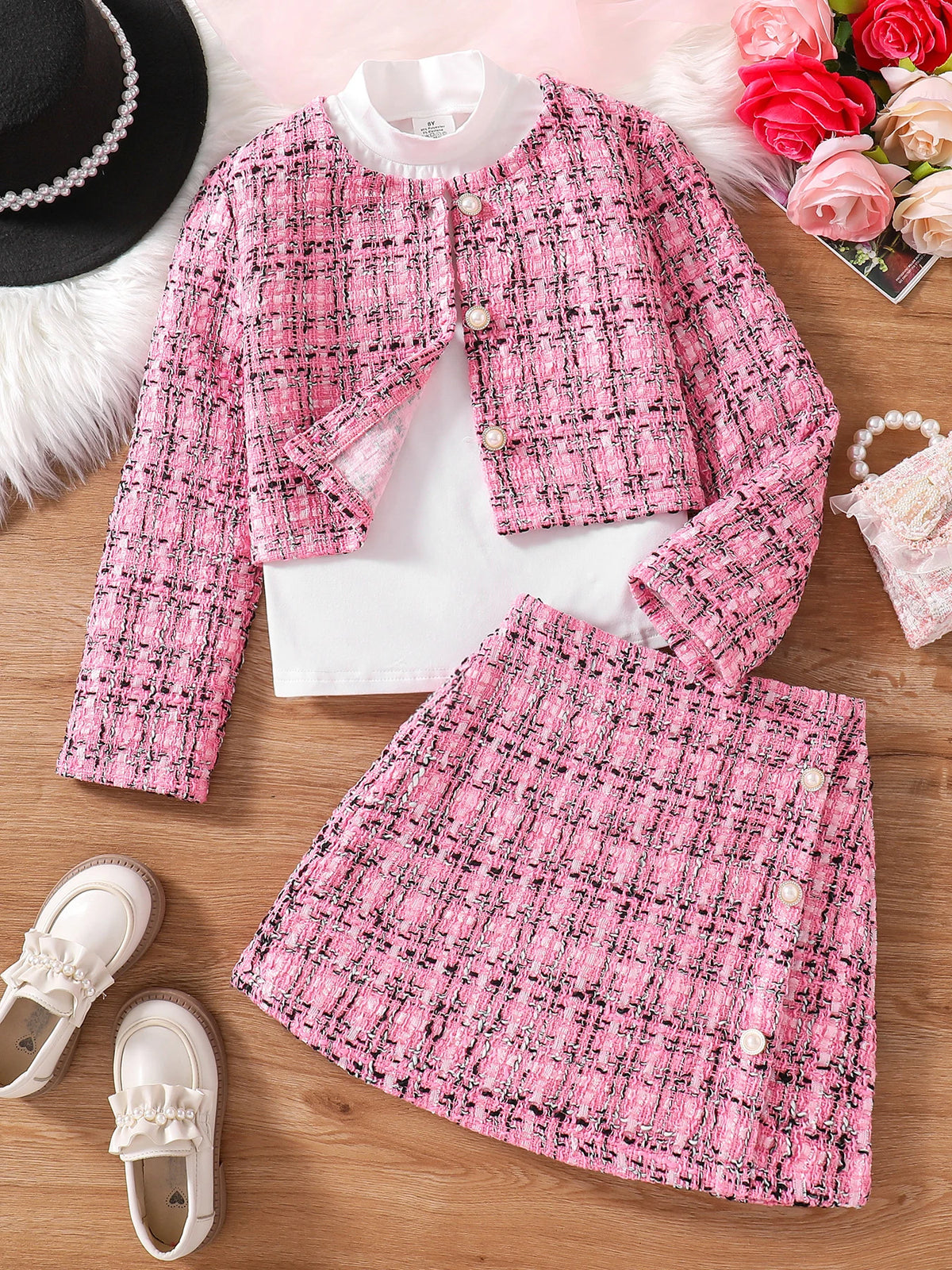 Robe mignonne à la mode pour filles, 3 ensembles de haut à carreaux rose + jupe + chemise blanche à manches longues, nouvelle collection printemps et automne