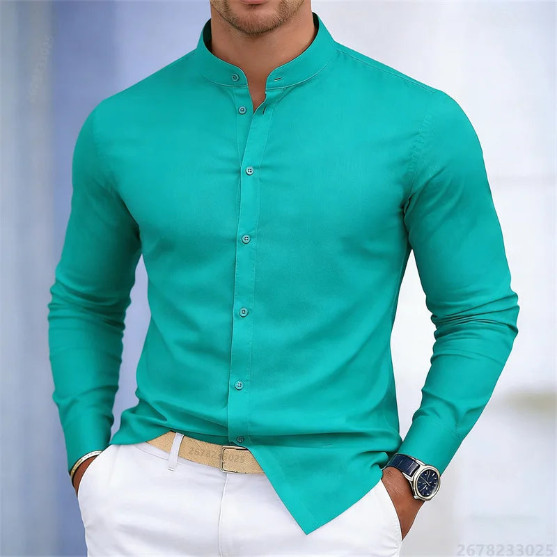 Chemise à manches longues pour homme, col montant, blanche ou noire, couleur unie, coupe ajustée, style business casual, tailles XS-6XL.