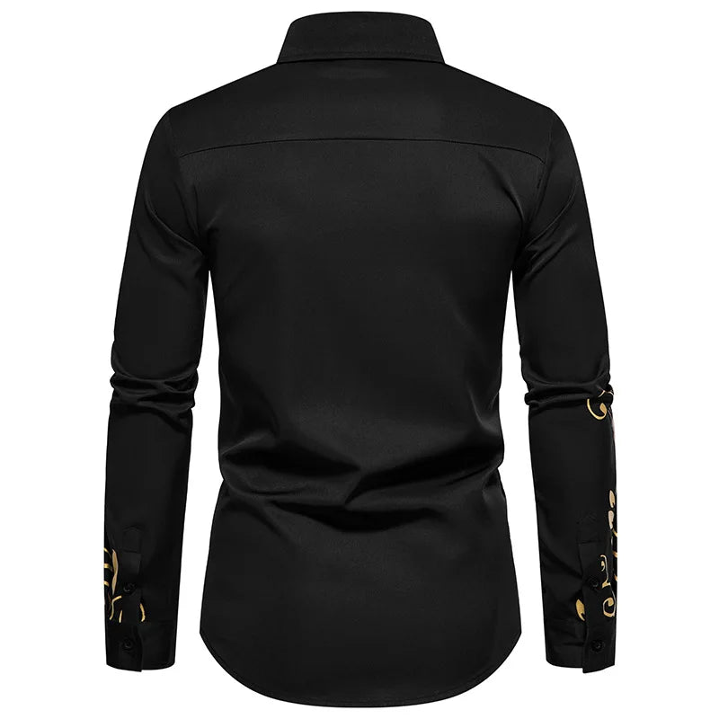 Chemise à imprimé doré pour homme, chemise décontractée à manches longues, vêtements pour homme, confortable et tendance, parfaite pour un usage quotidien