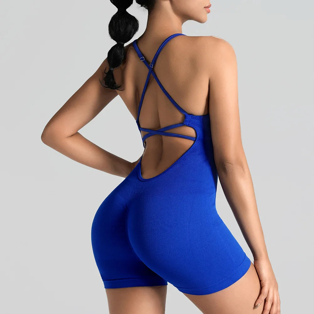 Ensemble de sport moulant sans couture une pièce avec legging de yoga et brassière dos nu sexy pour amincir les hanches et le fitness