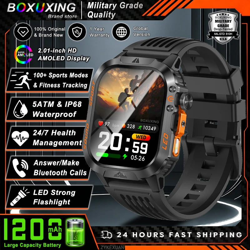 Nouvelle montre connectée militaire 2026 pour hommes, batterie 1200 mAh, étanche 5ATM, suivi d'activité, santé, fréquence cardiaque, compatible iOS et Android