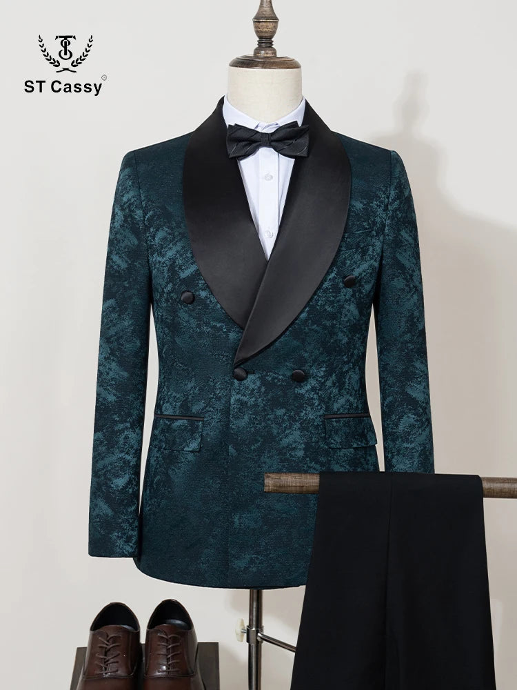 Ensemble de costume de luxe 2 pièces pour homme, tenue de soirée haut de gamme, costume décontracté chic à double boutonnage, costume de marié, col châle